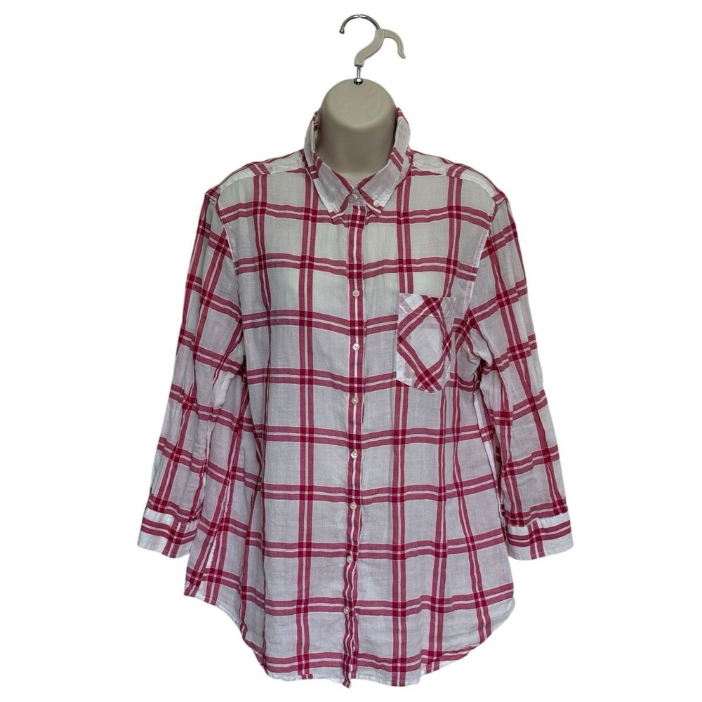 Banana Republic Cotton Flax Lightweight Summer Pink White Plaid L/S Shirt Sz L